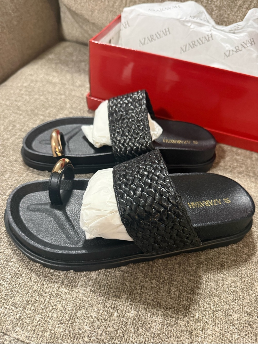 Black Braided Slide Sandals with Gold Accent - Picture 2 of 8